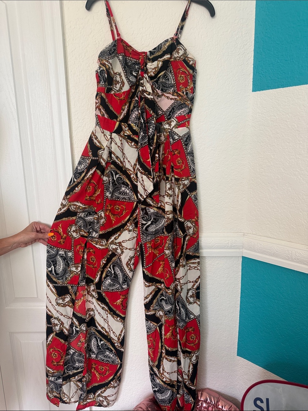 Fashion Nova Red, Black & White Print Spaghetti-Strap Jumpsuit